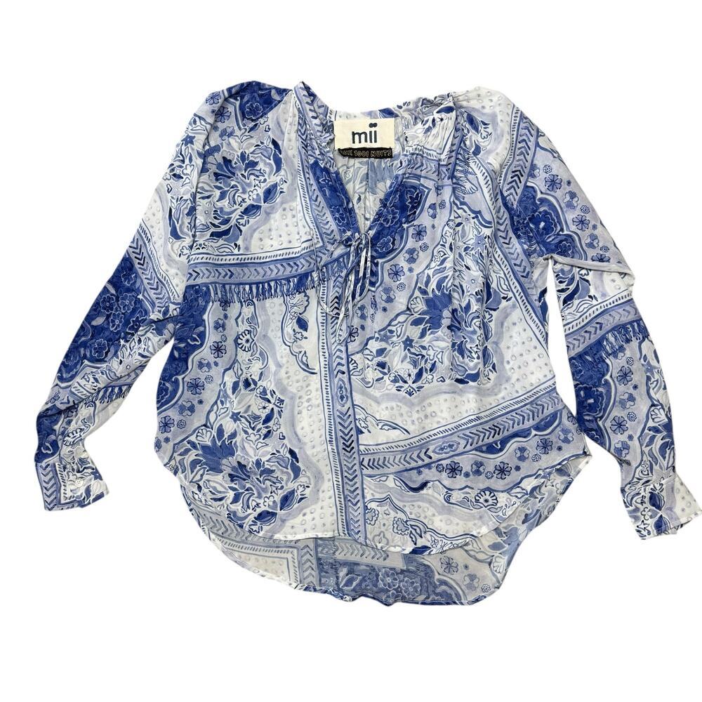 mii Aux 1001 Nuits 100% silk blue white patterned blouse XS